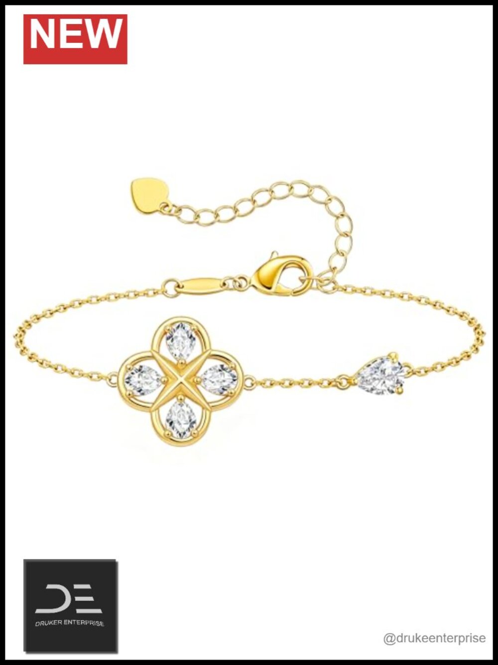 4-Leaf Clover Compass Stretch Bracelet 18k Gold Plated Cubic Zirconia
